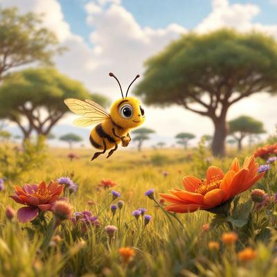 The primary subject of the image is a bee flying through a field of flowers. The setting is a lush, colorful field with a variety of flowers, creating a vibrant and cheerful atmosphere. The visual style of the image is a digital art or illustration, showcasing the bee's flight and the beauty of the flowers. The colors and mood of the image are predominantly warm and inviting, with the bee and flowers serving as the main focus of the scene.
